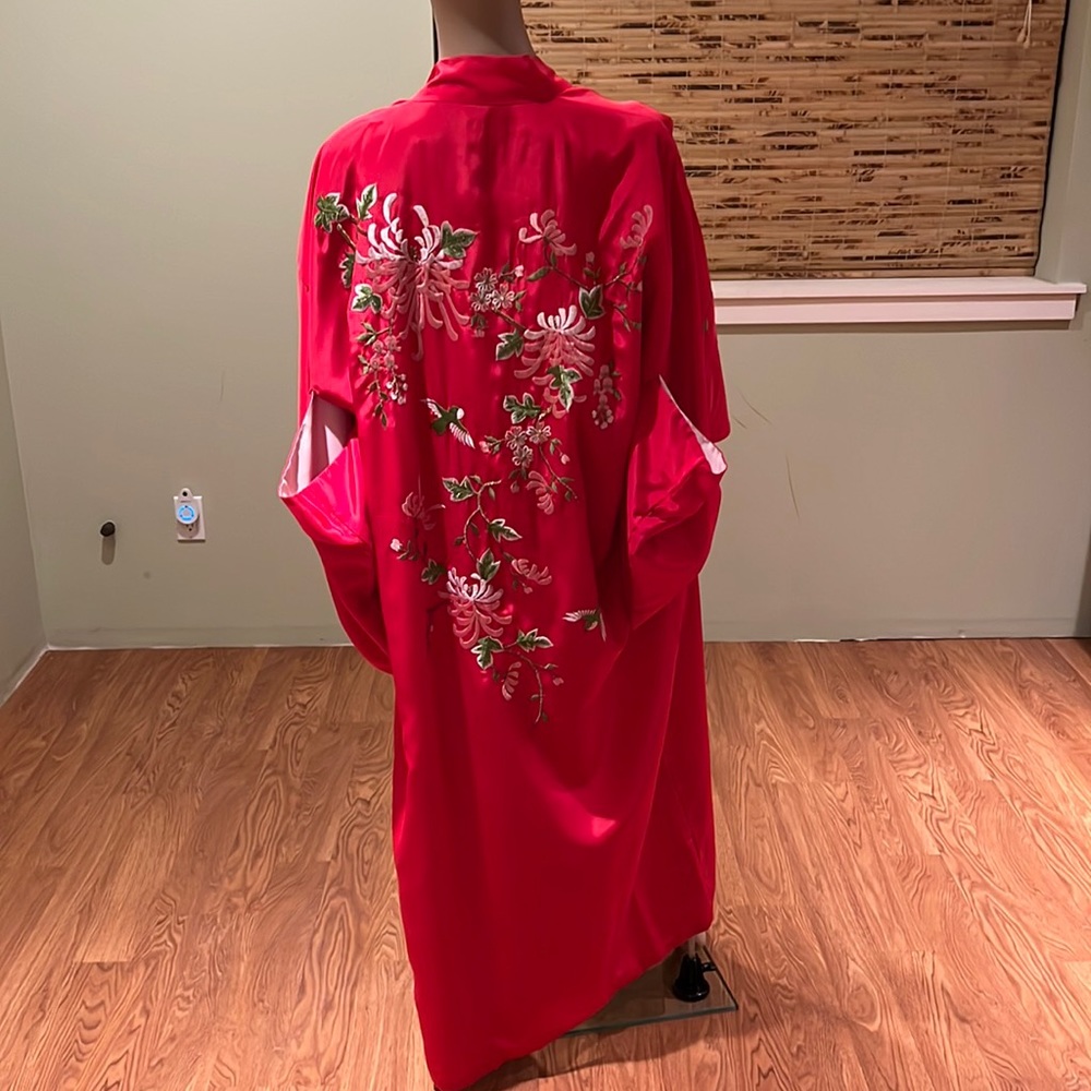 Vintage Japanese  Embroidered Kimono Red With Flowers And Birds